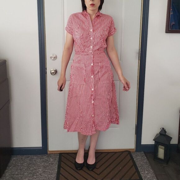 Vintage Dresses & Skirts - 60s Red and White Striped Cotton‎ Day Dress